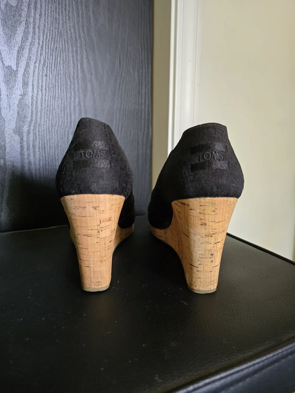 TOMS Black Cork Wedge Peep-Toe Shoes